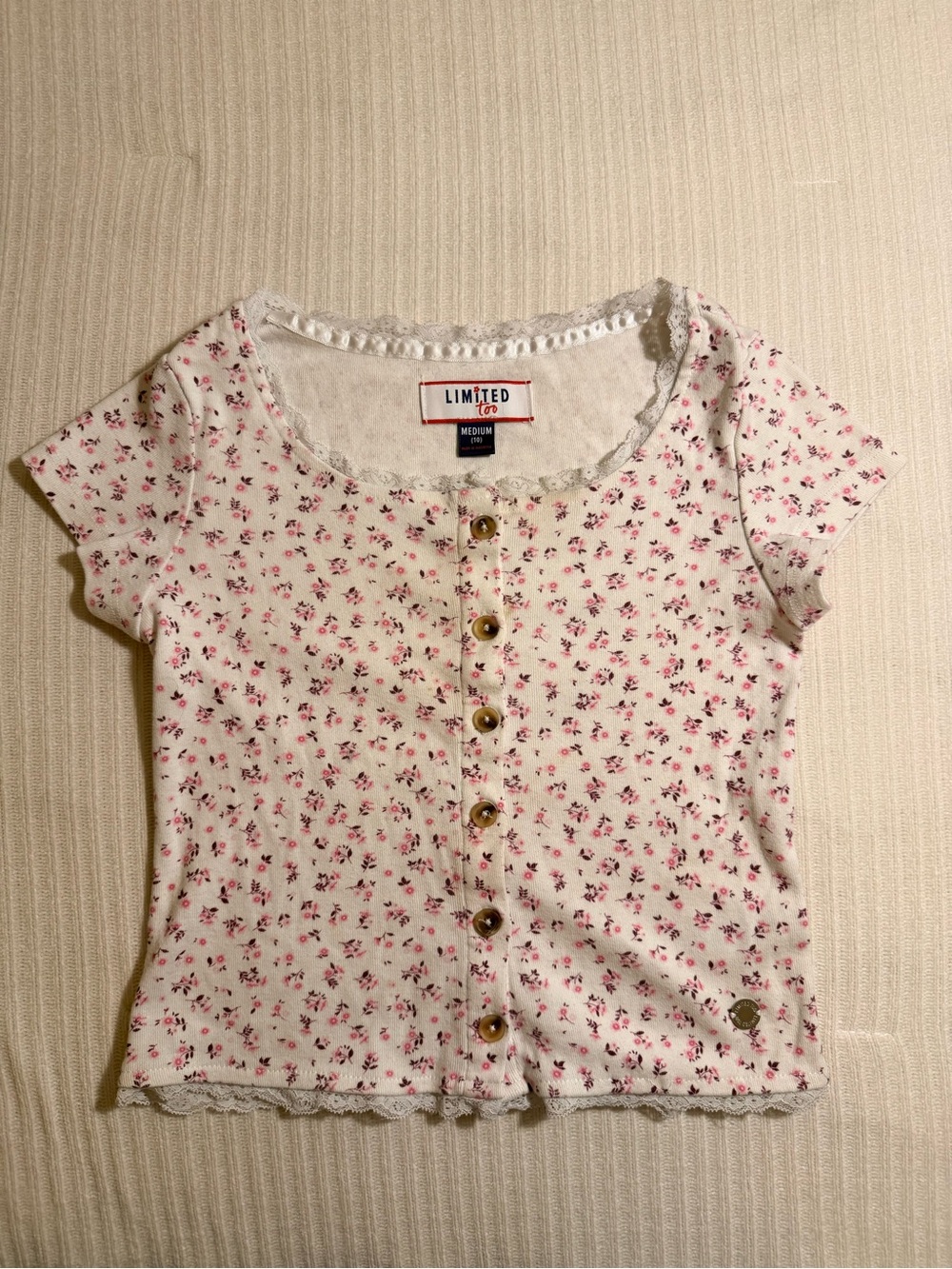 Limited Too White Button-Front Top with Pink Floral Print